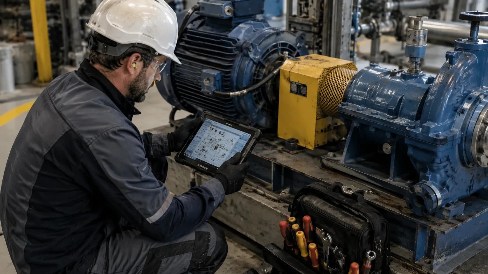 Technicien utilisant une tablette durcie