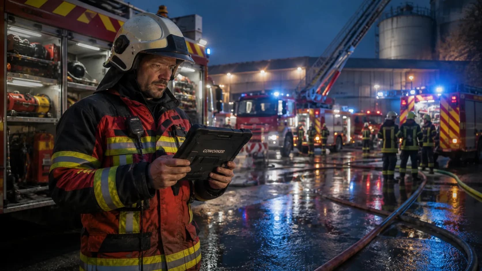 Sapeur-pompier utilisant une tablette durcie